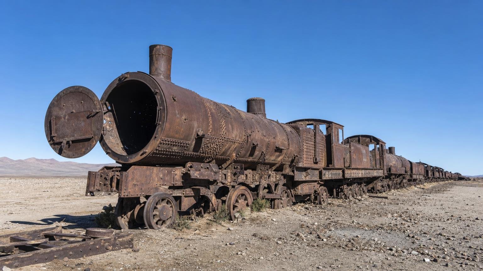 En el desierto de sal de Uyuni se oxidan desde los años 40 decenas de locomotoras inglesas que ninguna empresa vino a buscar
