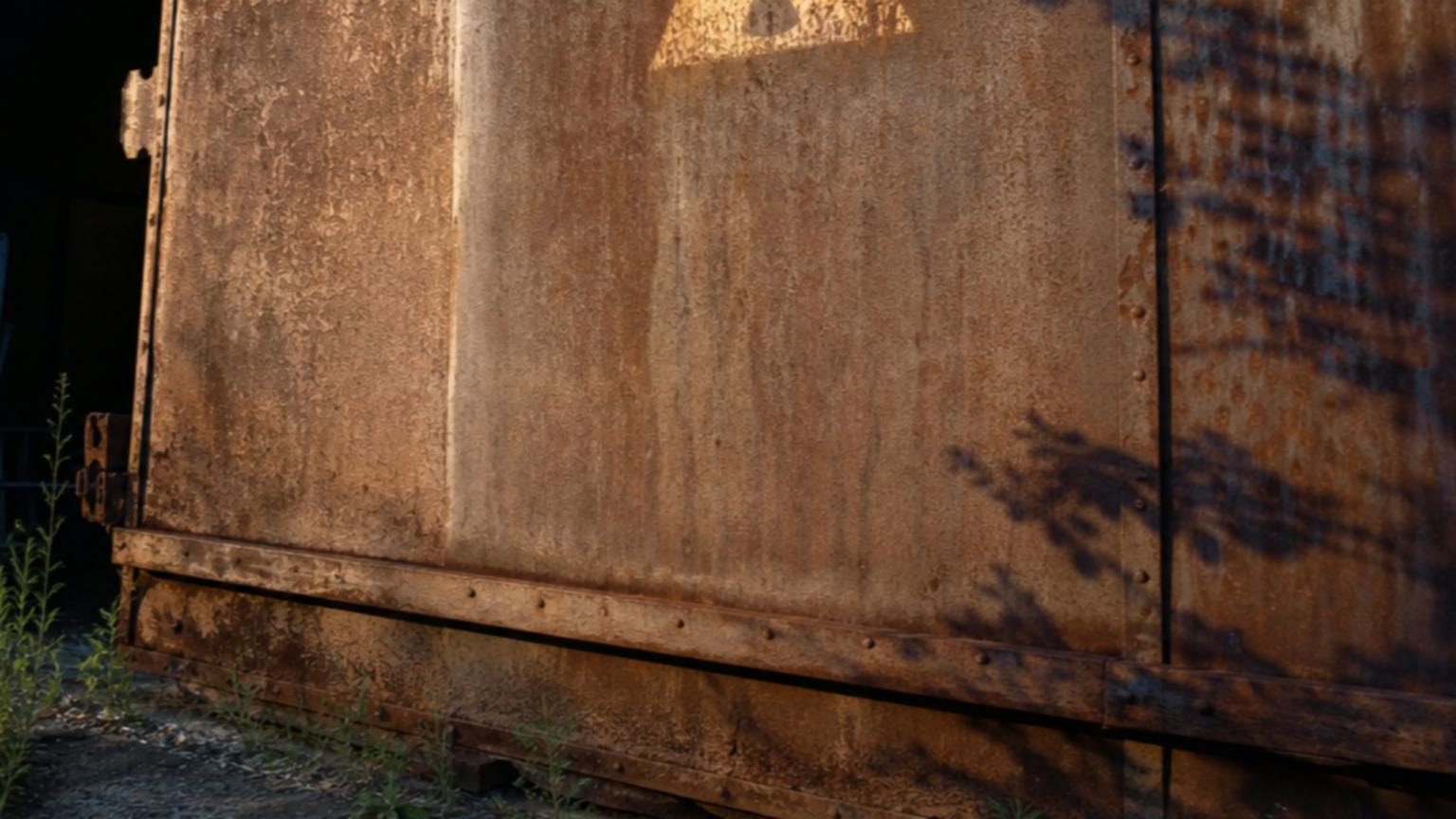 A close-up photo of a massive, rusting metal door with a faded radi…