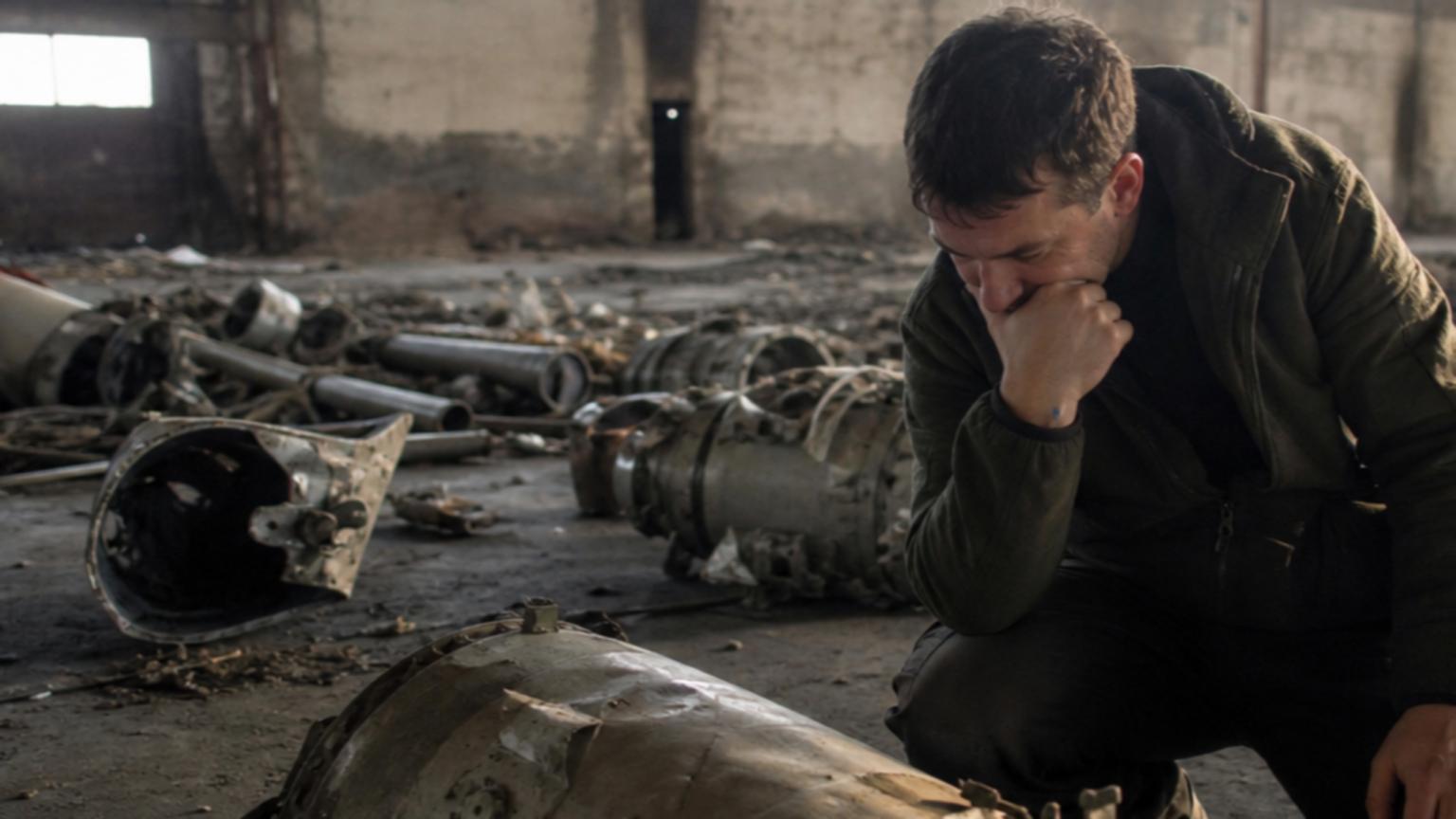 In a dimly lit warehouse, dismantled missile parts lie scattered ac…